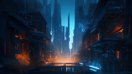 Futuristic city at night, 3d rendering toned imageの素材