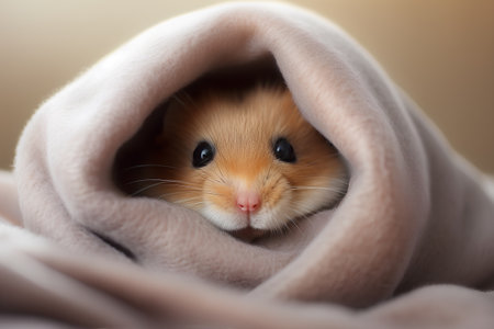 Cute hamster peeking out of a soft pink blanket.の素材
