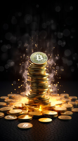 Golden bitcoin on dark background with bokeh effect. 3D renderingの素材