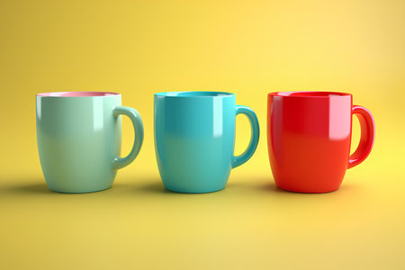 Colorful mugs isolated on yellow background. 3D rendering.の素材