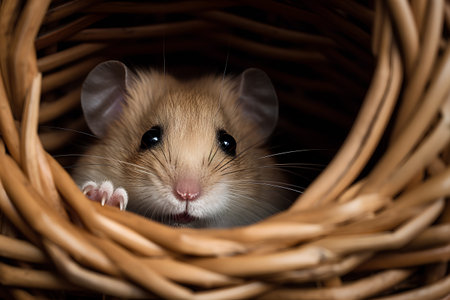 Portrait of a cute little hamster in a wicker nestの素材