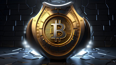 Protection shield with bitcoin symbol on dark background. 3d illustrationの素材