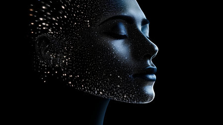 3D rendering of a female face made of metallic particles on a black backgroundの素材