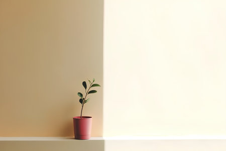 Plant in red pot on a beige wall. 3d renderingの素材