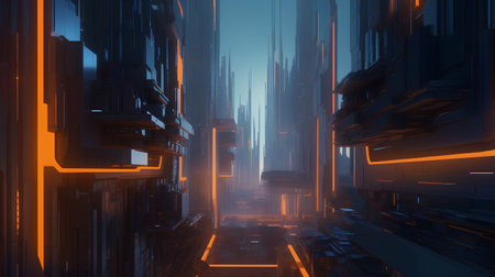 Futuristic abstract city with neon lights, 3d render illustrationの素材