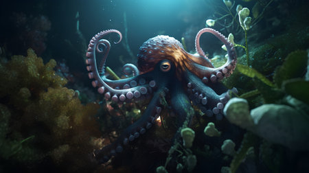 Octopus in the ocean. 3D illustration. Fantasy landscape.の素材