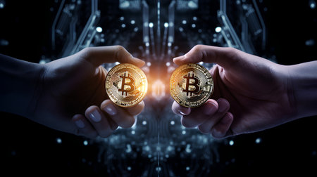 Cryptocurrency concept with two hands holding golden bitcoins. 3D renderingの素材