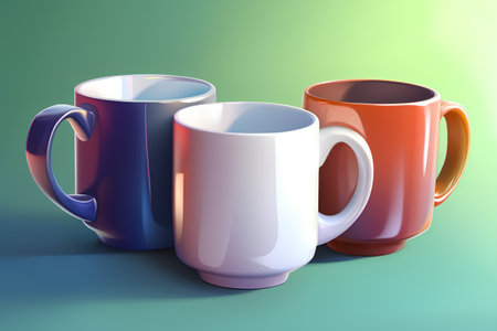 Colorful mugs on green background. 3d render illustration.の素材