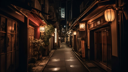 Narrow street in the old town of Kyoto at night, Japan.の素材