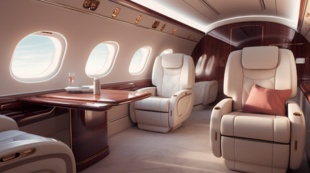 Interior of the airplane with seats and a table. 3D renderingの素材