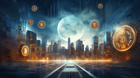 Futuristic city with glowing lights and full moon. 3D renderingの素材