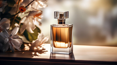 Perfume bottle on a wooden table and flowers in the backgroundの素材