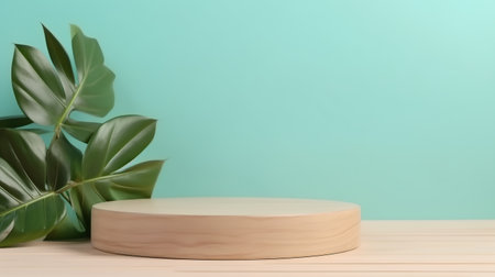 Wooden podium on green background with tropical leaves. 3d renderの素材