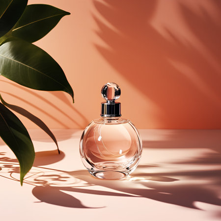Perfume bottle with green leaves on orange background. 3d renderingの素材