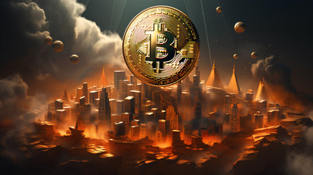 Bitcoin on a background of a burning city. 3D rendering.の素材