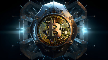 3d rendering of a metal shield with a bitcoin symbol on itの素材