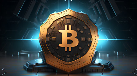 Golden shield with bitcoin symbol on dark blue background. 3d illustrationの素材