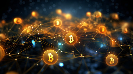 Bitcoin cryptocurrency symbol on digital network background. Cryptocurrency concept. 3D Renderingの素材