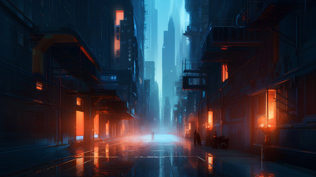 Night city with neon lights, 3d rendering. Computer digital drawing.の素材
