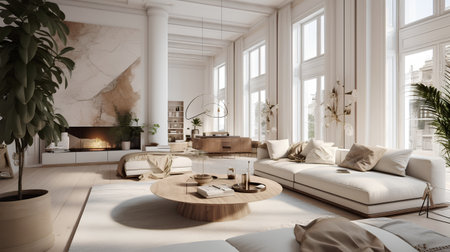 interior of modern bright living room 3d render illustration mockupの素材