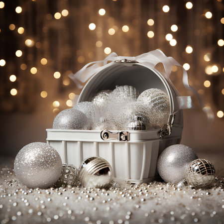 Christmas background with white basket full of christmas balls on bokeh backgroundの素材