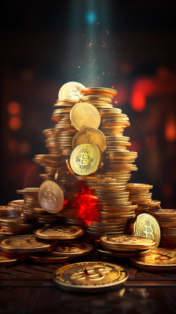 golden bitcoins on a dark background, cryptocurrency concept, 3d renderの素材