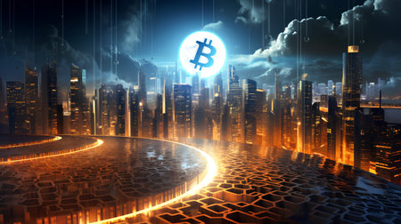 Futuristic city with a glowing dollar sign. 3d renderingの素材