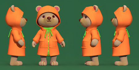 Cute cartoon bear in orange raincoat on green background. 3D renderingの素材