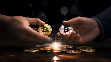 Bitcoin cryptocurrency concept. Businessman hand holding golden bitcoin coin on dark background.の素材