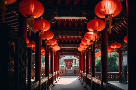 Beautiful red lanterns at the chinese temple in Asia.の素材