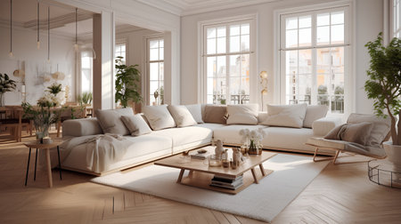 Modern interior design of living room with white sofa and wooden floor. 3d renderの素材