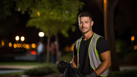 Portrait of a handsome young man wearing a green t-shirt and black leather gloves standing in the park.の素材