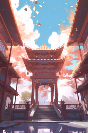 Korean traditional architecture with red pagoda and blue sky illustration.の素材