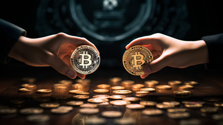 Two golden bitcoins in the hands of a businessman on a dark background.の素材