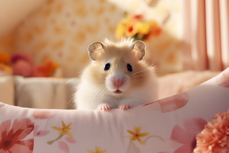 Hamster sitting on the bed in a room decorated with flowers.の素材