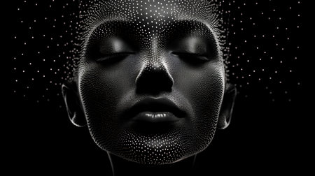 3d rendering of a female face made of particles on a black backgroundの素材