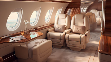 Interior of a private plane with leather seats. 3d renderingの素材