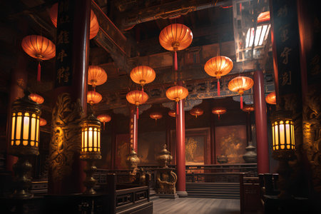 Chinese temple interior with red lanterns and incense burner. 3D renderingの素材