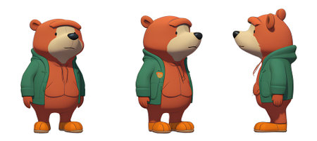 Vector illustration of a cartoon bear in a green jacket with a hood.の素材