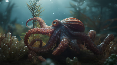 Octopus in the sea. Underwater world. 3d illustrationの素材