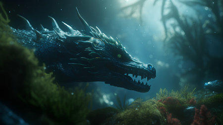 dragon in the sea. 3d rendering and illustration of fantasy creatureの素材