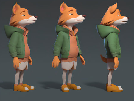 Red fox in a green jacket with a hood. 3d renderingの素材