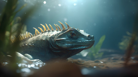 Close-up of iguana in aquarium. 3D rendering.の素材