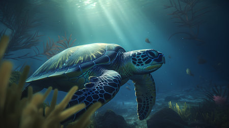 Green sea turtle in the ocean. 3D render. Underwater.の素材