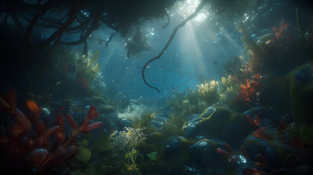 Underwater landscape with corals and tropical fish. 3d renderの素材
