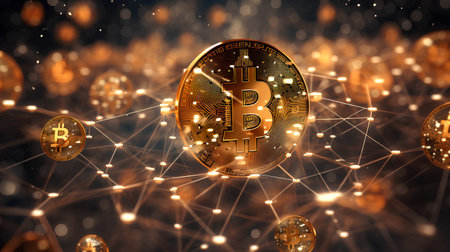 Bitcoin cryptocurrency golden coin with network connection on dark background. 3D illustrationの素材