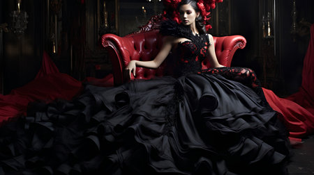 Fashion shot of a beautiful young woman in a luxurious evening dress in the interior.の素材