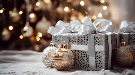 Christmas background with gift boxes and decorative baubles. Vintage style toned pictureの素材