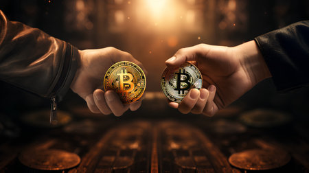Two male hands holding golden bitcoins on a dark background. Crypto currency conceptの素材