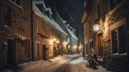 Winter street at night in the old town of Tallinn, Estoniaの素材